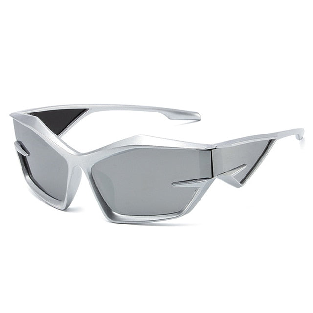 SO&EI Retro Y2K Cat Eye Irregular Women Sunglasses Fashion Brand Designe Silver Mirror Goggles Men Unique Punk Sun Glasses UV400